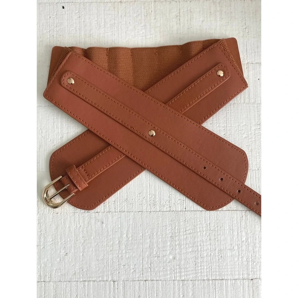Corset Faux Leather Brown Wide Waist Belt Western Thick Stretch Gold Buckle